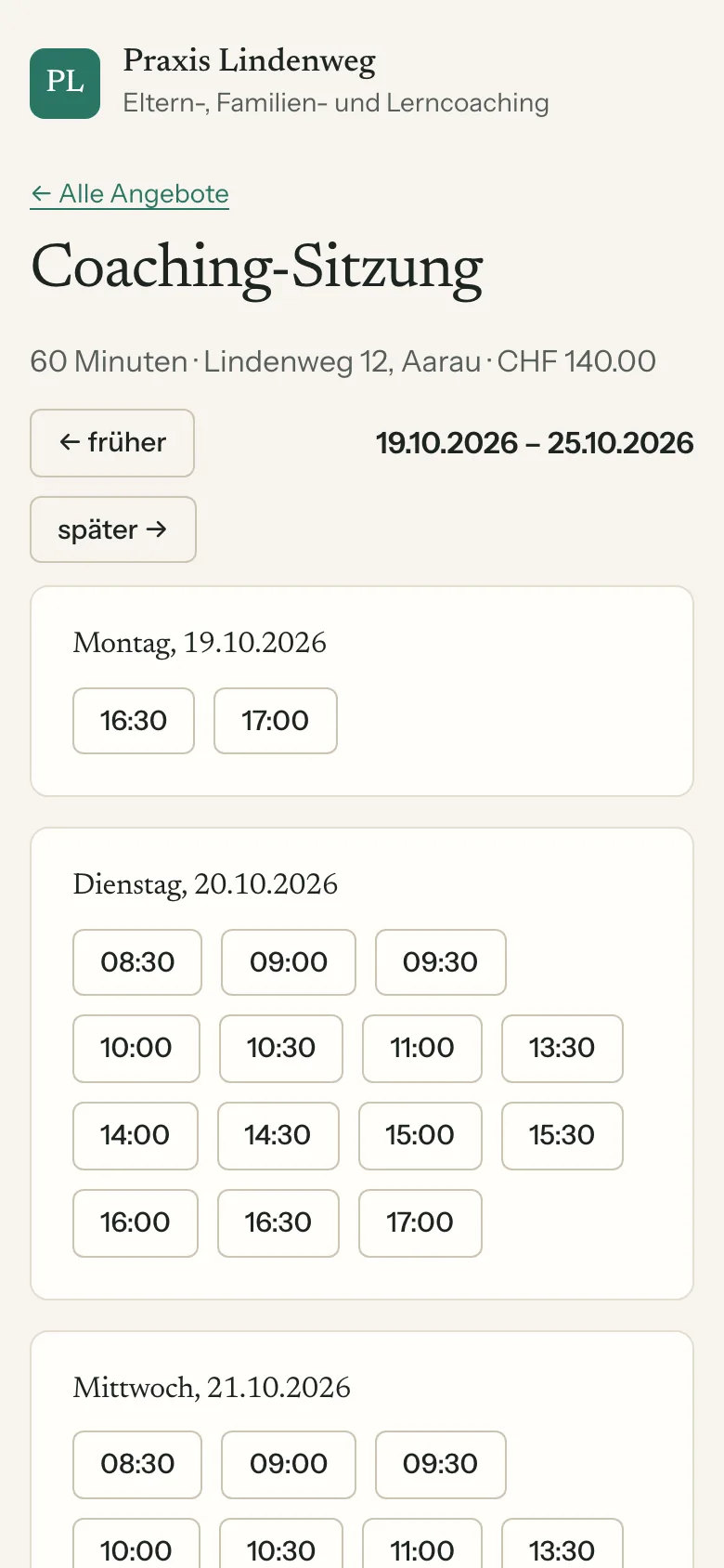 Buchungsseite der Demo-Praxis auf dem Handy mit freien Zeiten