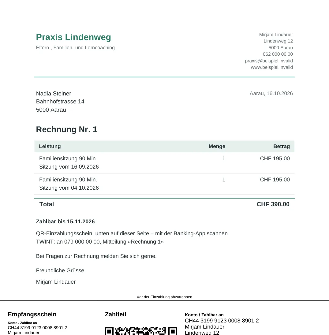 Rechnung der Demo-Praxis mit zwei Sitzungen